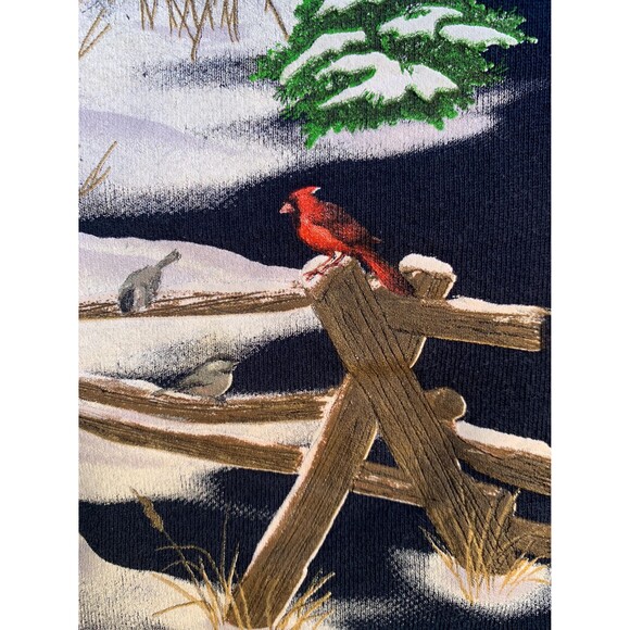 Vintage 90s crewneck sweatshirt with red barn Christmas Cardinals birds Size L - Picture 3 of 8